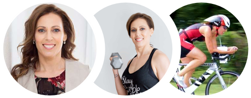 Three photos of Psychotherapist Kerri Steele. Portrait, lifting weights and competitive cycling.