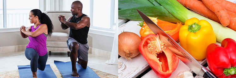 Workout and nutrition plans. Couple performing exercises next to picture of nutritious vegetables.